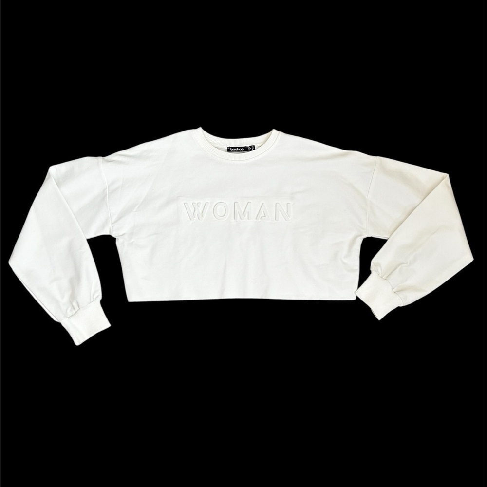 White cropped hoodie with woman graphic